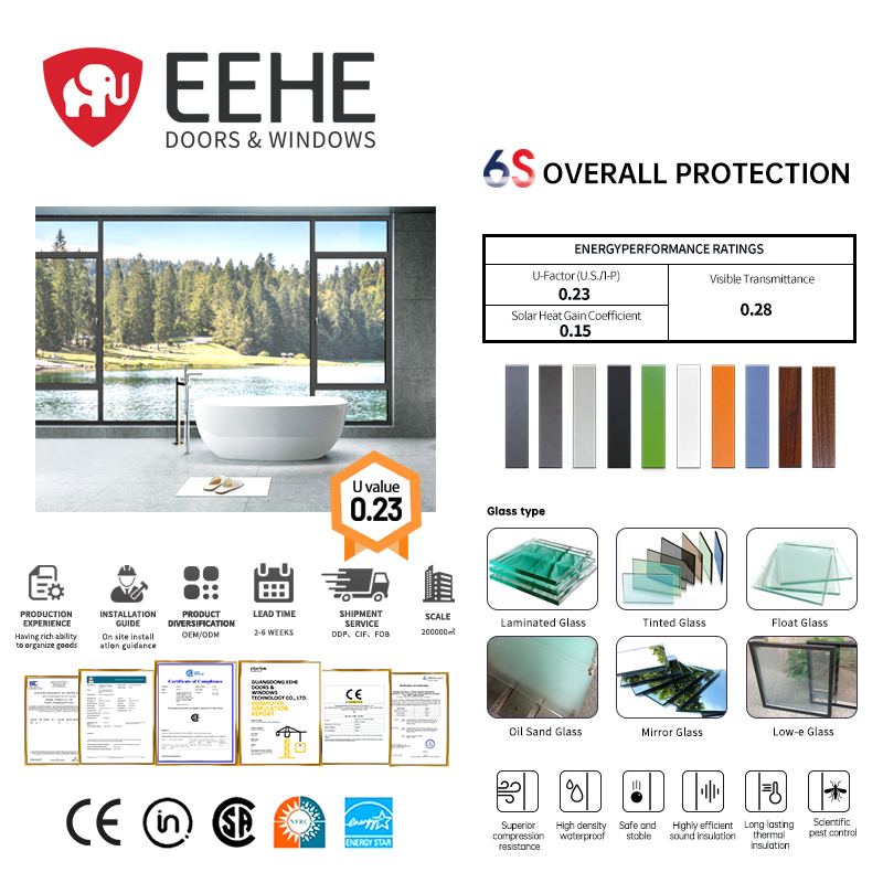 Eehe Modern Tempered Glass and Aluminum Alloy Inward-Opening Casement Windows with High-Quality Awnings, Compliant with CE Standards