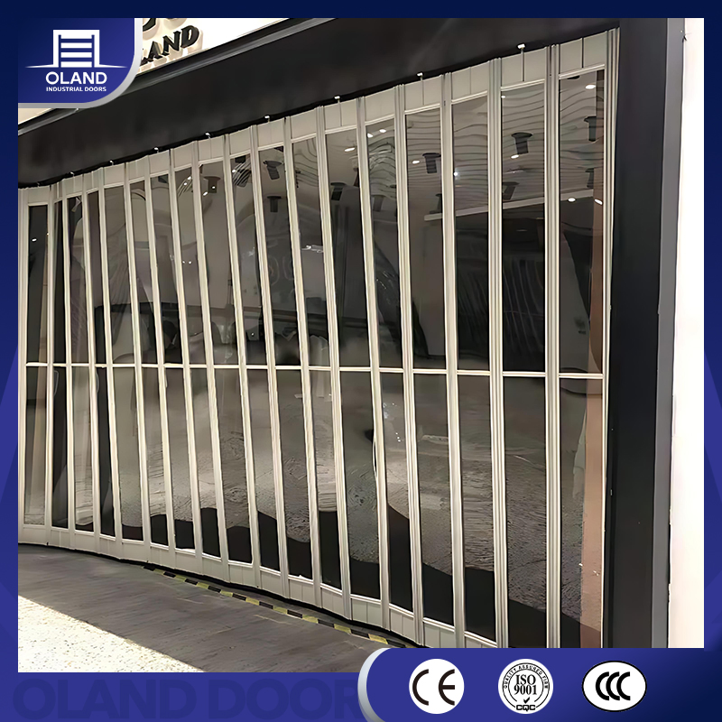 Commercial Aluminum Curved Crystal Transparent Clear Full View PC Horizontal Accordion Folding Sliding Door for Shopfront Store Front Shopping Mall