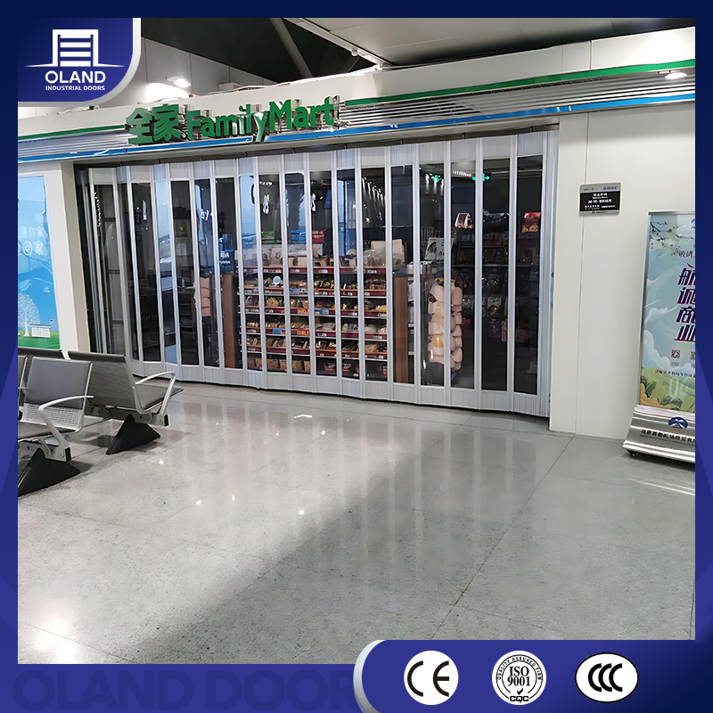 Transparent Polycarbonate Shopping Mall Store Front Sliding Open Aluminum Security Folding Patio Door Shopfront Folding Grille Door
