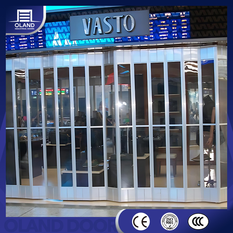 Commercial Aluminum Curved Crystal Transparent Clear Full View PC Horizontal Accordion Folding Sliding Door for Shopfront Store Front Shopping Mall