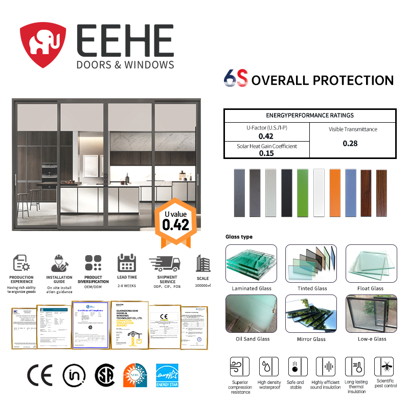 Eehe Heavy-Duty Lift-and-Slide Door U-Value 0.29 Custom Aluminum Alloy Glass Sliding Door with Wholesale Multi-Panel Nfrc &amp; CSA Certified Includes