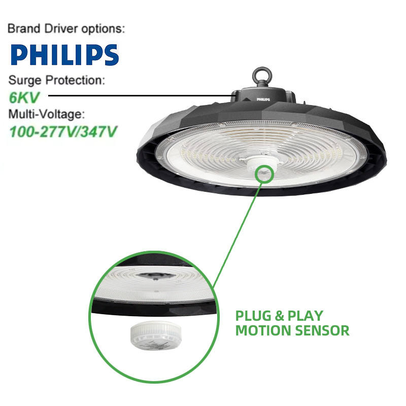 High Lumen Smart Warehouse Motion Sensor Dimmable 100W 150W 200W Industrial LED UFO High Bay Light with Phillips Driver
