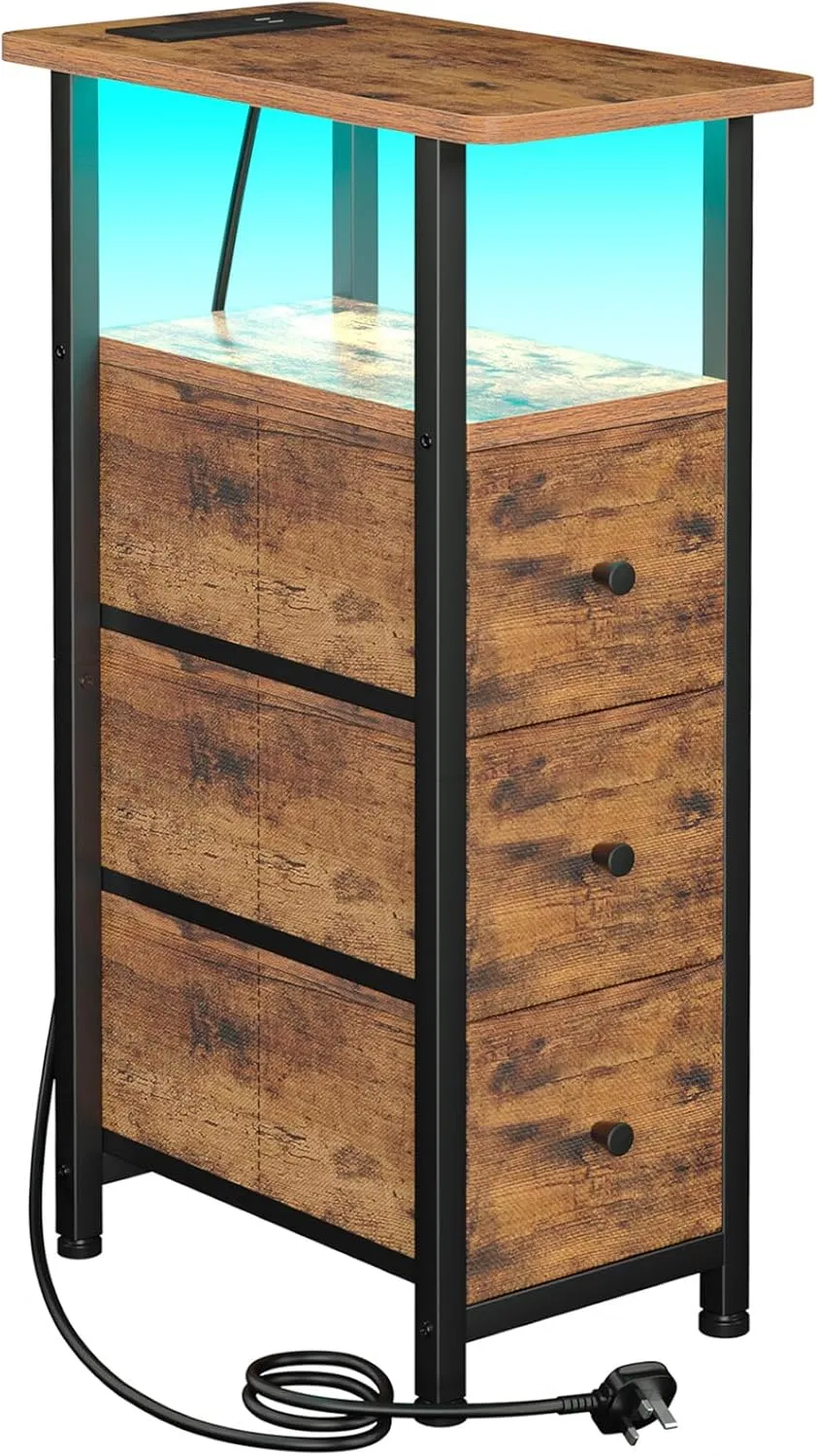طاولة جانبية LED RGB لغرفة النوم 3-Drawer مع منافذ شحن وأقدام قابلة للتعديل