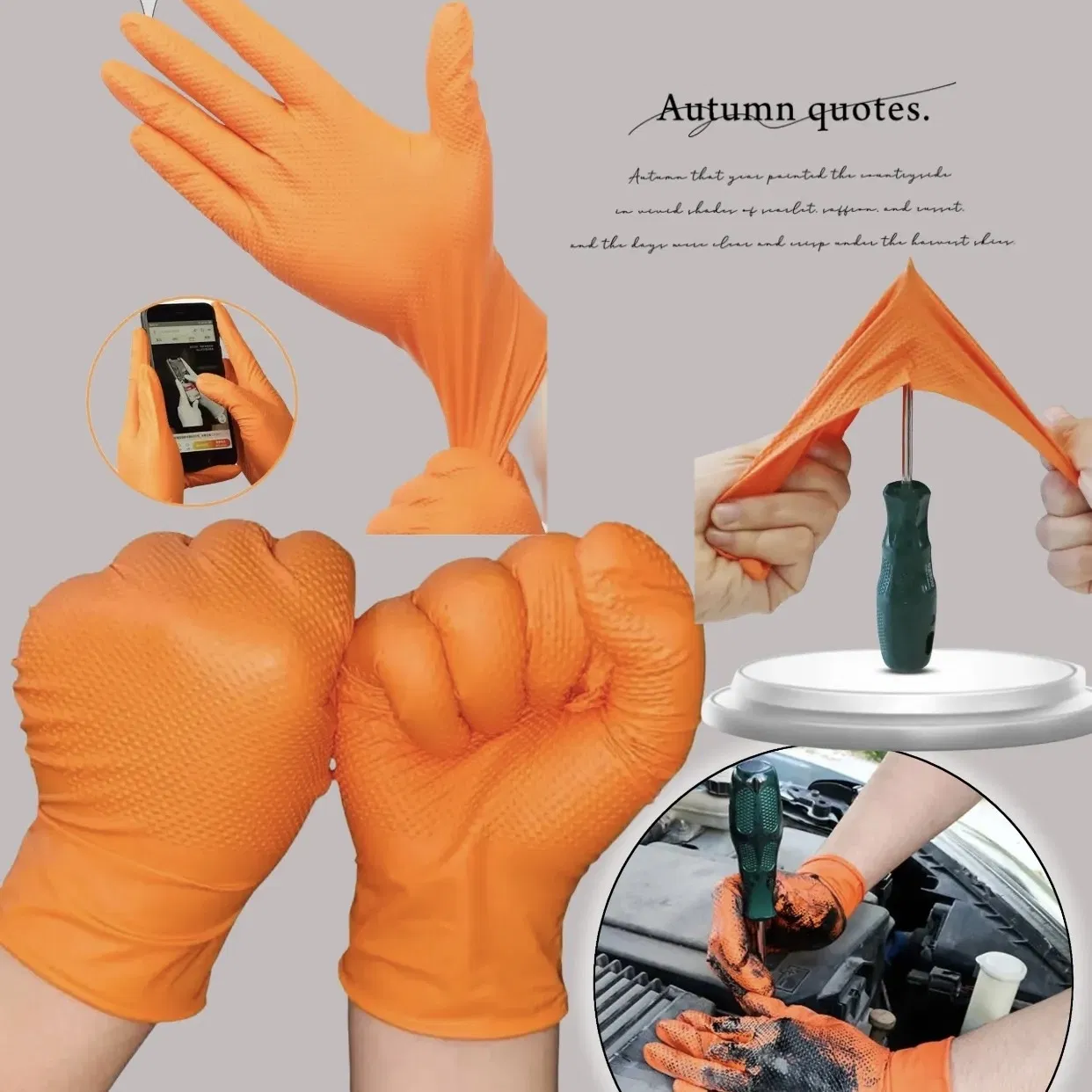 Heavy Duty Orange Industrial Nitrile Disposable Gloves with Raised Diamond Texture