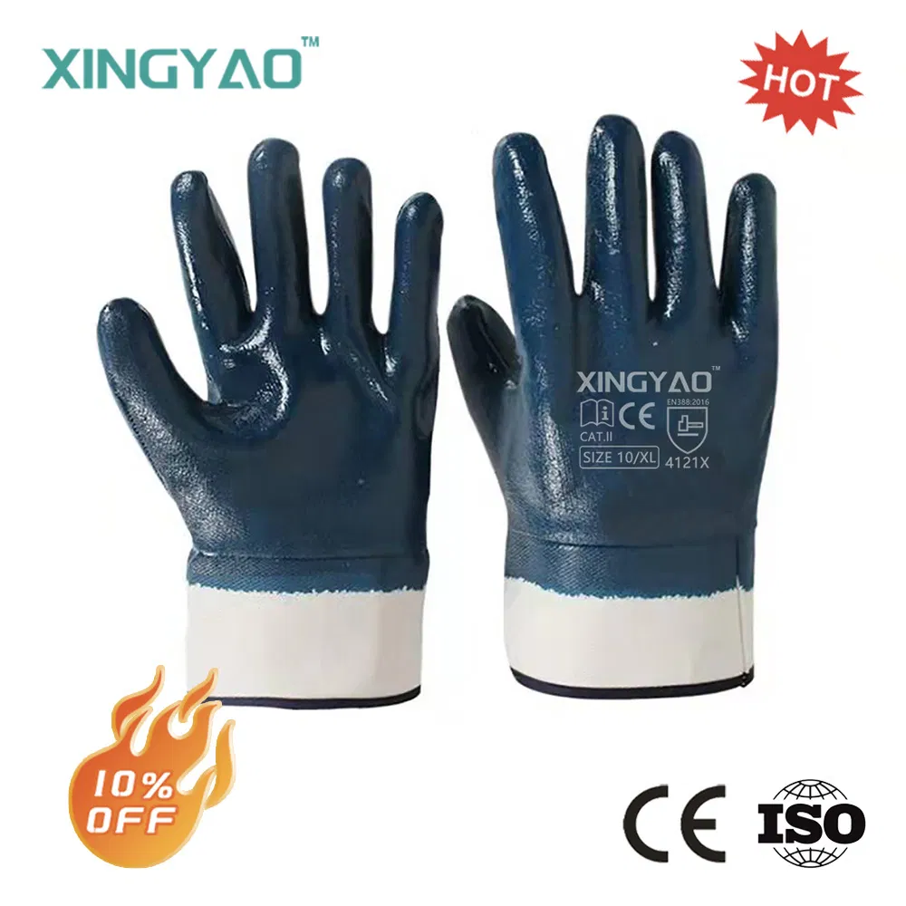 Factory Shop Heavy Duty Jersey Cotton Blue Nitrile Full Coated Safety Industrial Oil Resistant Proof Work / Working Labour Protection NBR Gloves