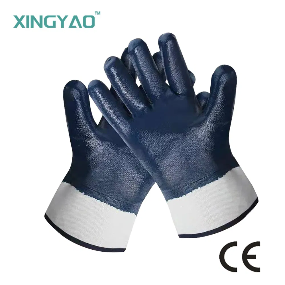 Factory Shop Heavy Duty Jersey Cotton Blue Nitrile Full Coated Safety Industrial Oil Resistant Proof Work / Working Labour Protection NBR Gloves