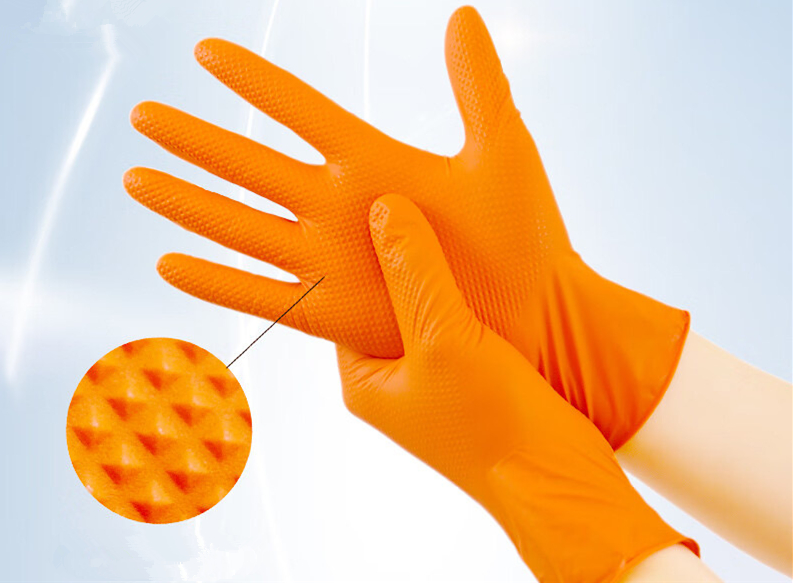 Disposable Diamond Pattern Orange Nitrile Glove Manufacturers 100 Pack Chemical Resistant Automotive Car Repair Nitrile Gloves