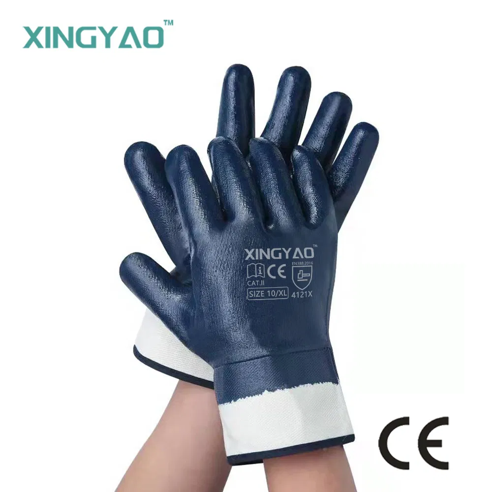 Factory Shop Heavy Duty Jersey Cotton Blue Nitrile Full Coated Safety Industrial Oil Resistant Proof Work / Working Labour Protection NBR Gloves
