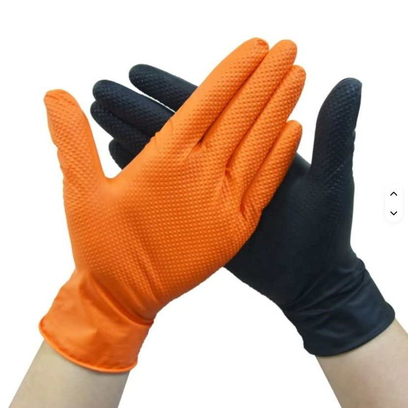 Heavy Duty Orange Industrial Nitrile Disposable Gloves with Raised Diamond Texture
