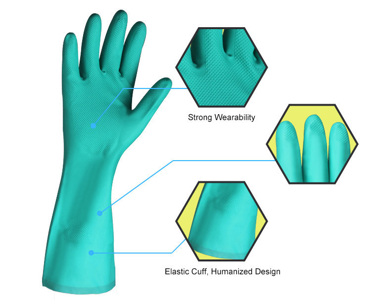 Waterproof Heavy Duty Green Nitrile Industrial Work Gloves with Enhanced Chemical Resistance