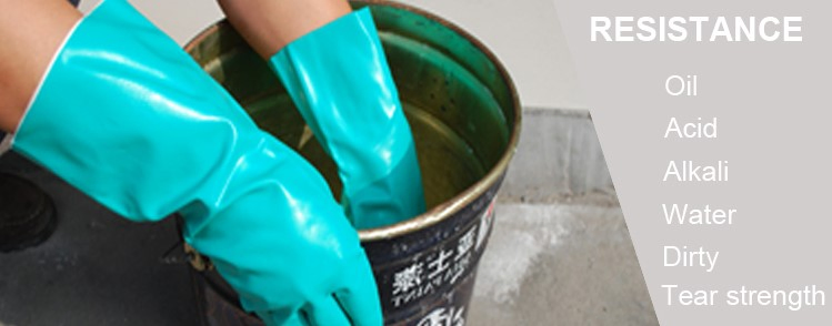 Waterproof Heavy Duty Green Nitrile Industrial Work Gloves with Enhanced Chemical Resistance