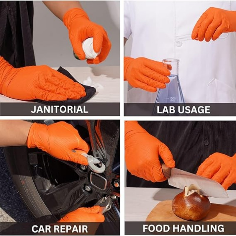 Grip Heavy Duty Industrial Orange Nitrile Gloves with Raised Diamond Texture, 8-Mil