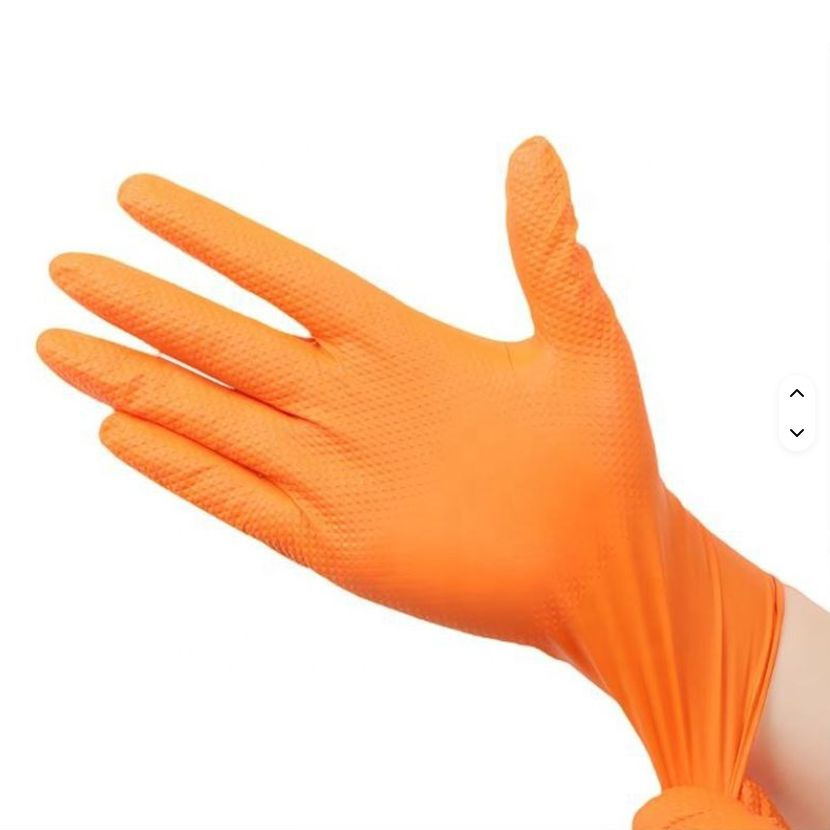 Heavy Duty Orange Industrial Nitrile Disposable Gloves with Raised Diamond Texture