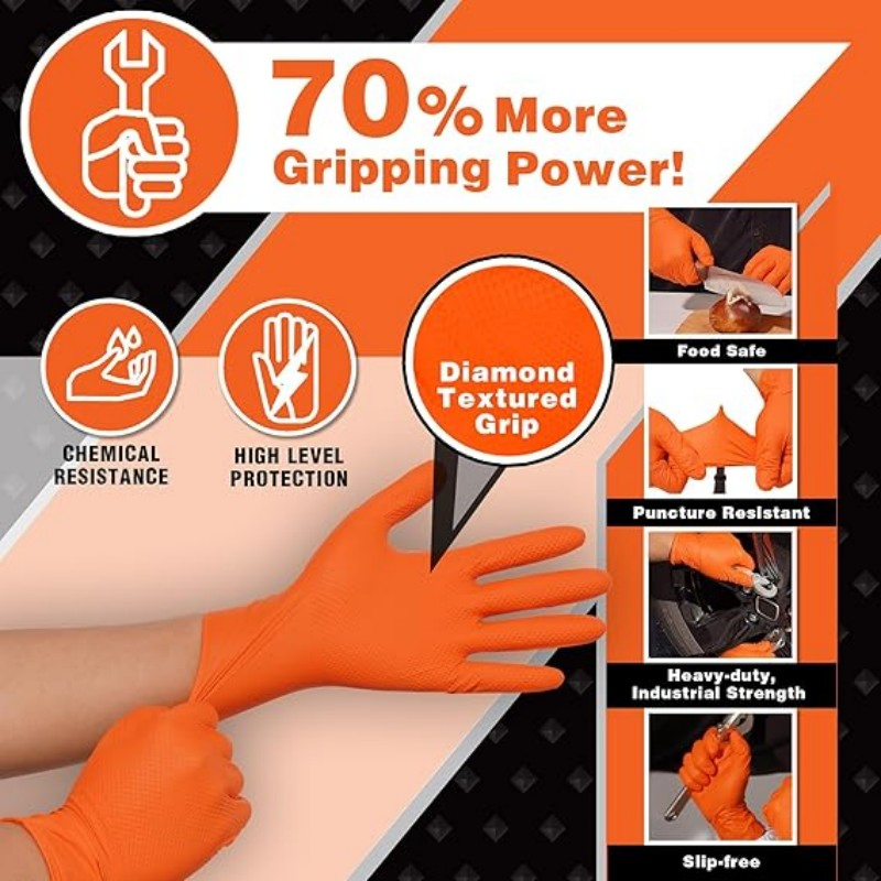 Grip Heavy Duty Industrial Orange Nitrile Gloves with Raised Diamond Texture, 8-Mil