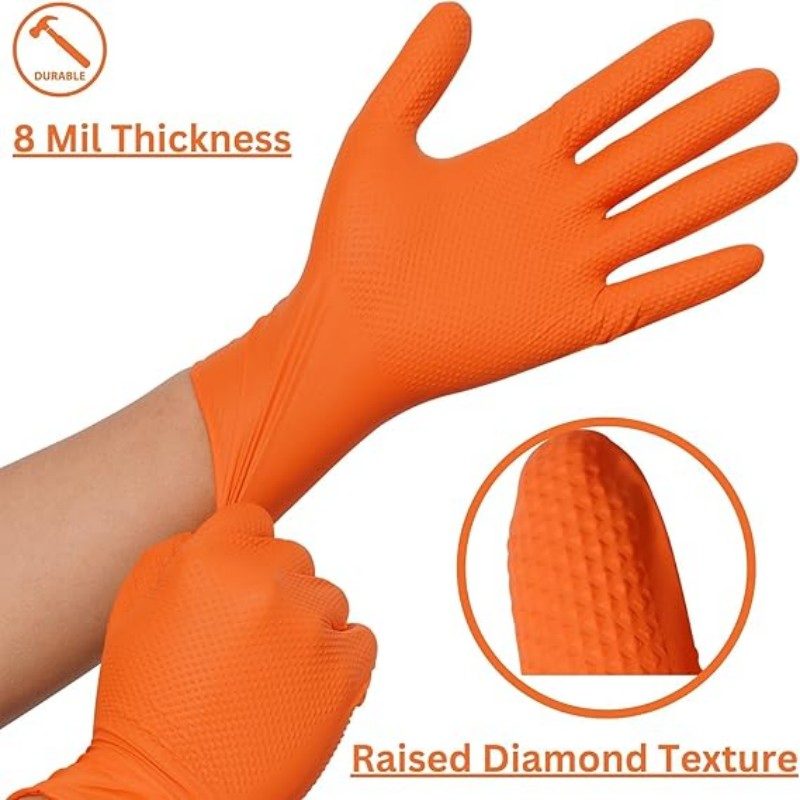 Grip Heavy Duty Industrial Orange Nitrile Gloves with Raised Diamond Texture, 8-Mil