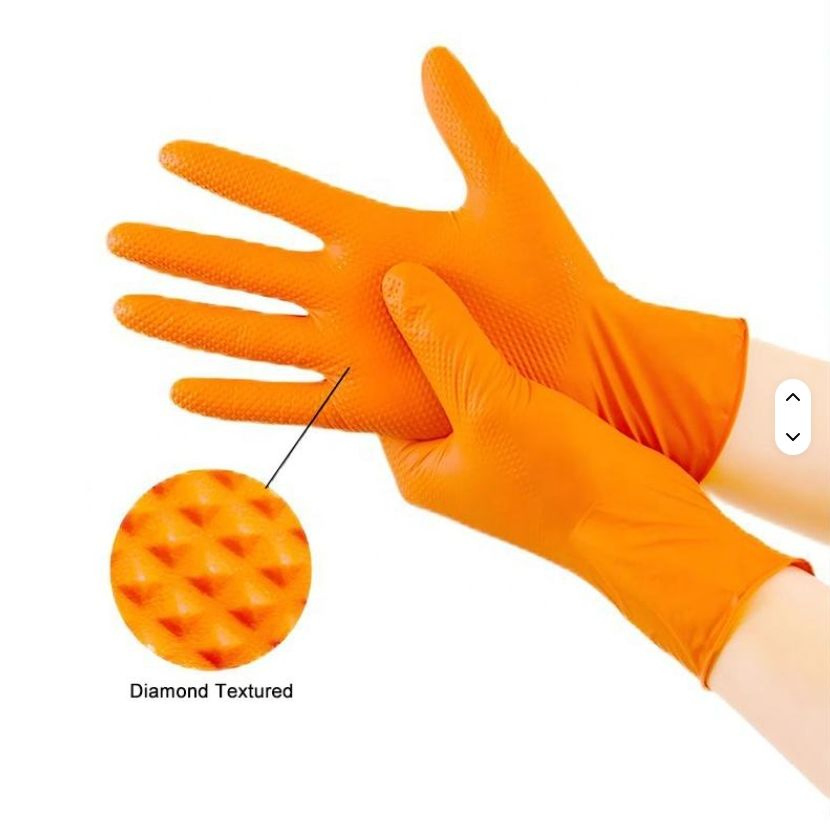 Heavy Duty Orange Industrial Nitrile Disposable Gloves with Raised Diamond Texture
