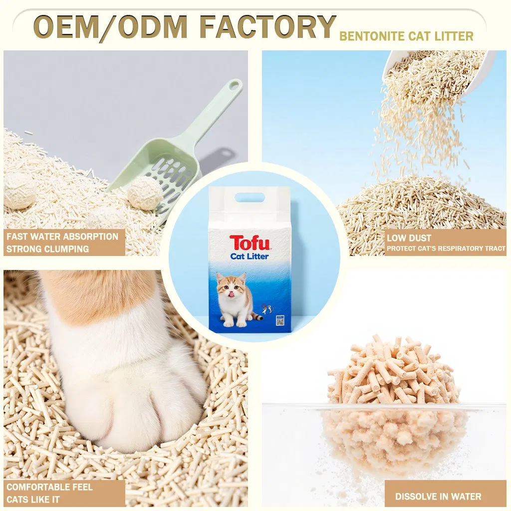 Productos para mascotas OEM/ODM, arena para gatos de tofu, material a base de plantas, fibra de soja, desechable