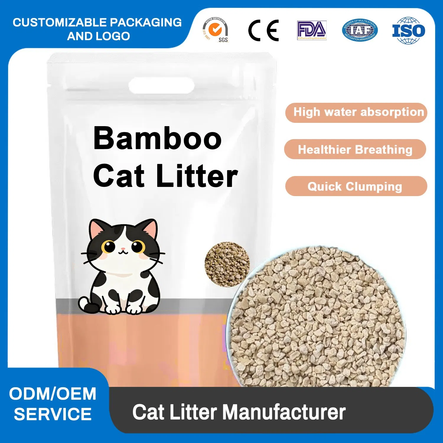 Arena para gatos biodegradable de piña y yuca directa de fábrica, ecológica y sostenible, hecha de almidón de bambú