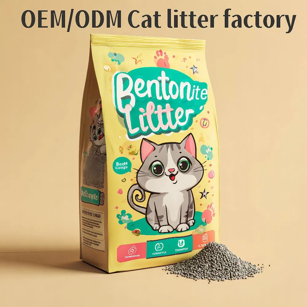 Fábrica de arena para gatos profesional de bentonita sódica, arena para gatos certificada por SGS, libre de polvo y aglomerante, personalizada