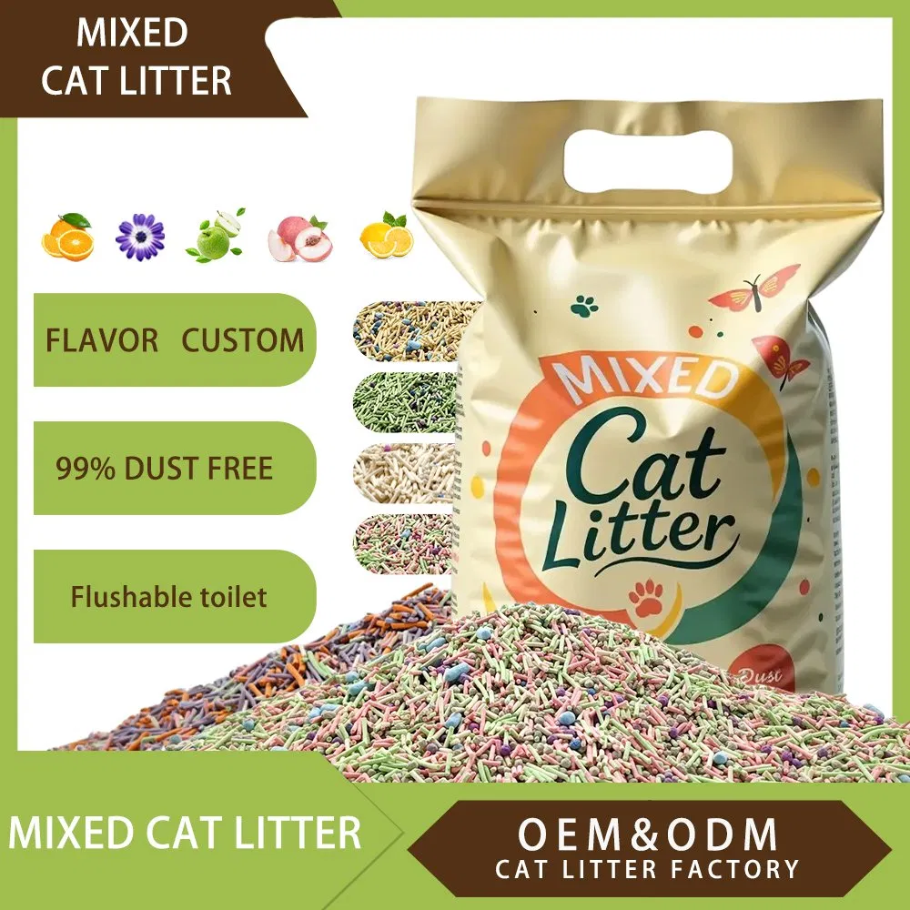 Arena para gatos de tofu al por mayor, arena de bentonita mezclada, arena para gatos desodorante, bajo en polvo, retiene fragancia, arena para gatos para criaderos