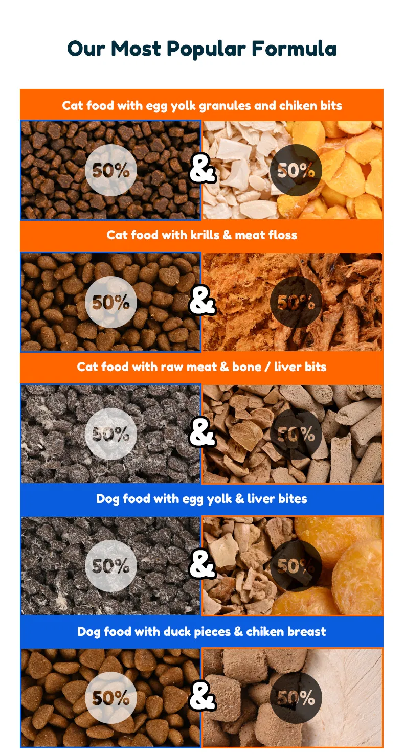 Comida para gatos liofilizada mixta con huesos de carne cruda y yema de huevo