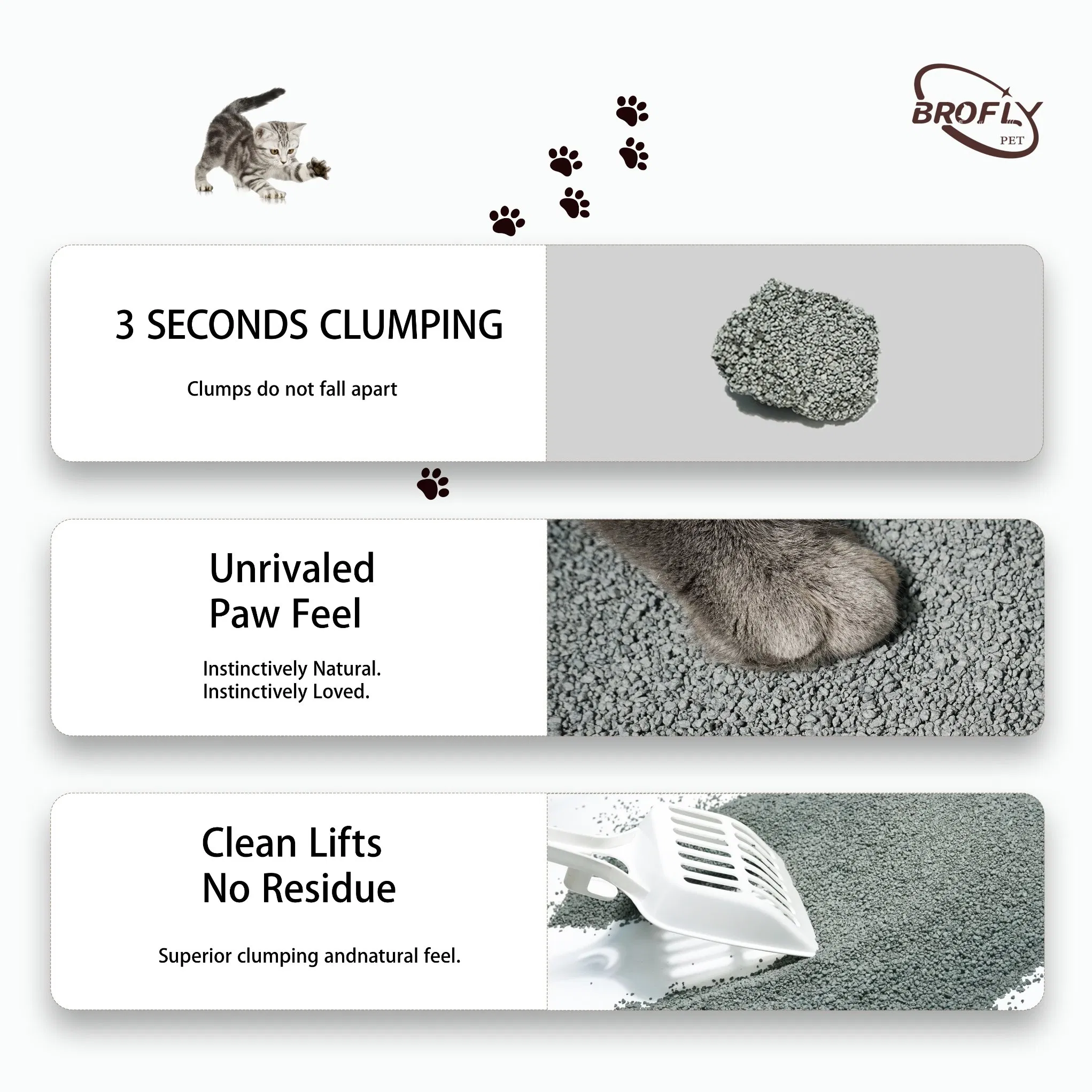 Todo Natural Bentonita de Sodio Arena para Gatos Ecológica Material Seguro Libre de Polvo Rápido Fuerte Aglomeración y Duradero Bloqueo de Olores