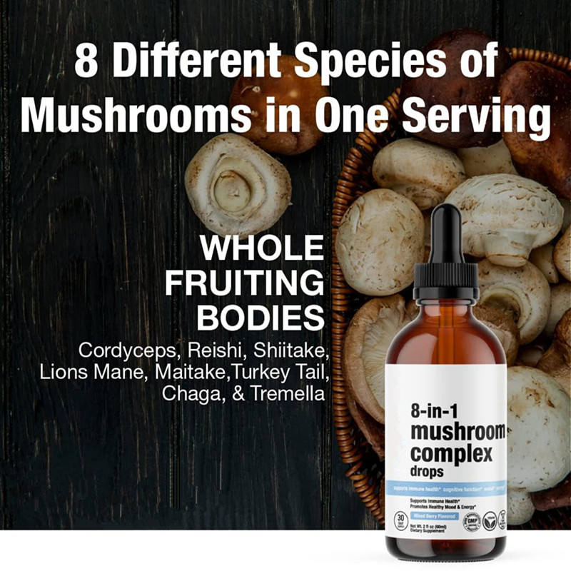 OEM 8 en 1 Gotas Líquidas Orales de Hongo Mezcla de Gotas de Hongo Cordyceps Gotas de Chaga Melena de León
