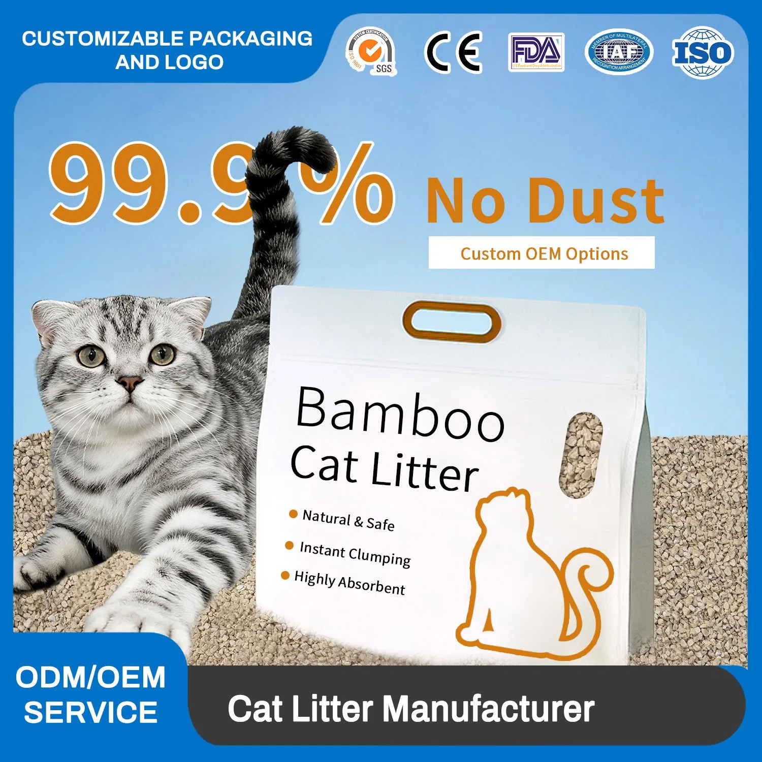 Arena para gatos biodegradable de piña y yuca directa de fábrica, ecológica y sostenible, hecha de almidón de bambú