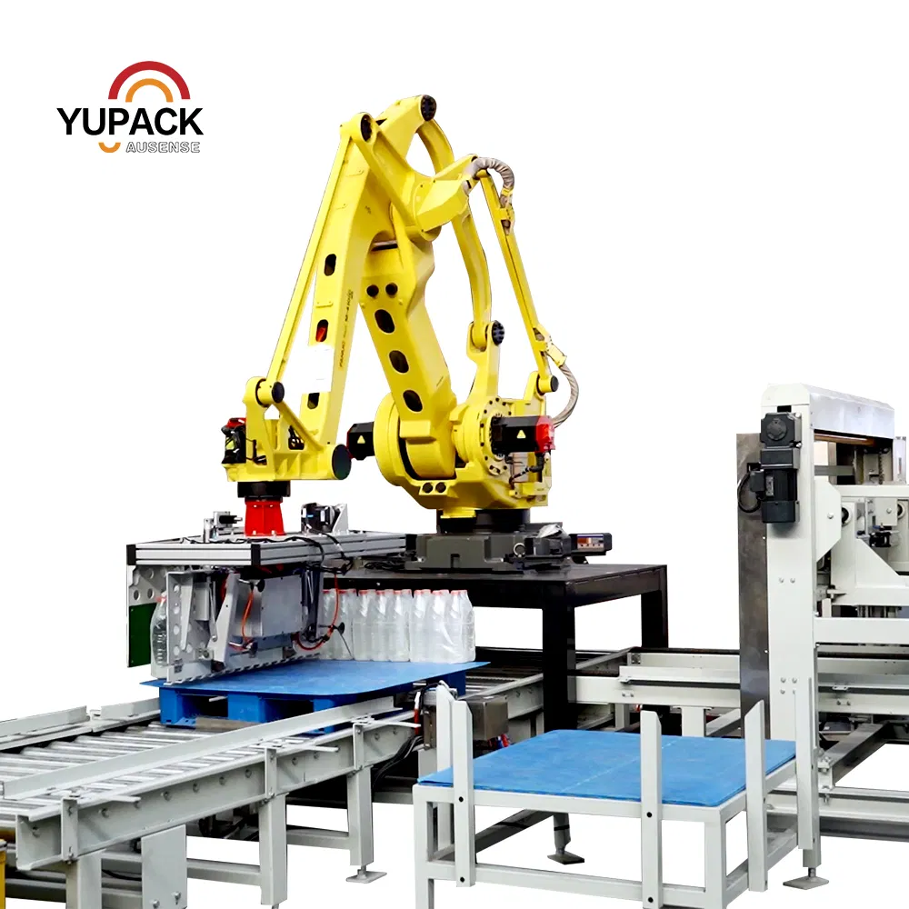 Integrated Robotic Palletizing and Stretch Wrapping System with Pallet Dispenser, Automatic Material Arranging and Conveyor Line for Food and Beverage Plants
