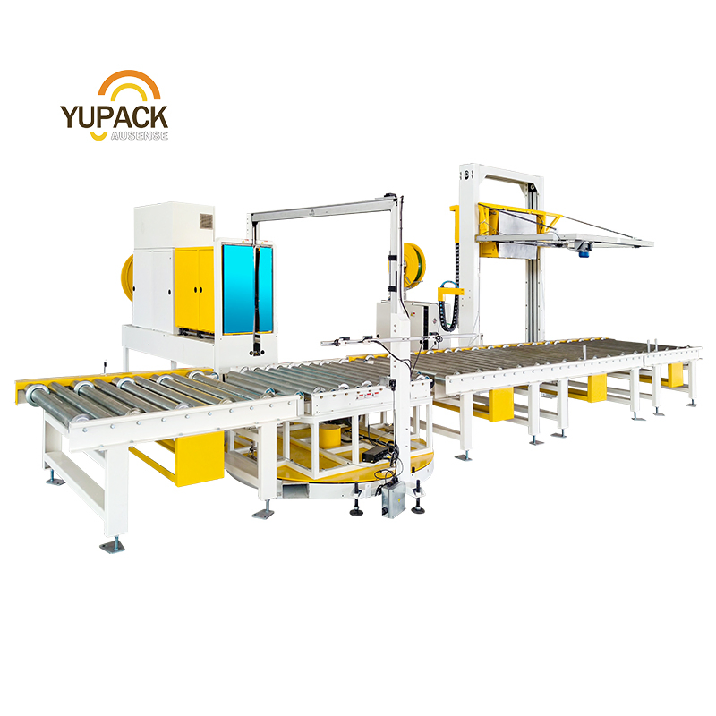 Vertical and Horizontal Cross Pallet Strapping System with Conveyor and Motorized Turntable