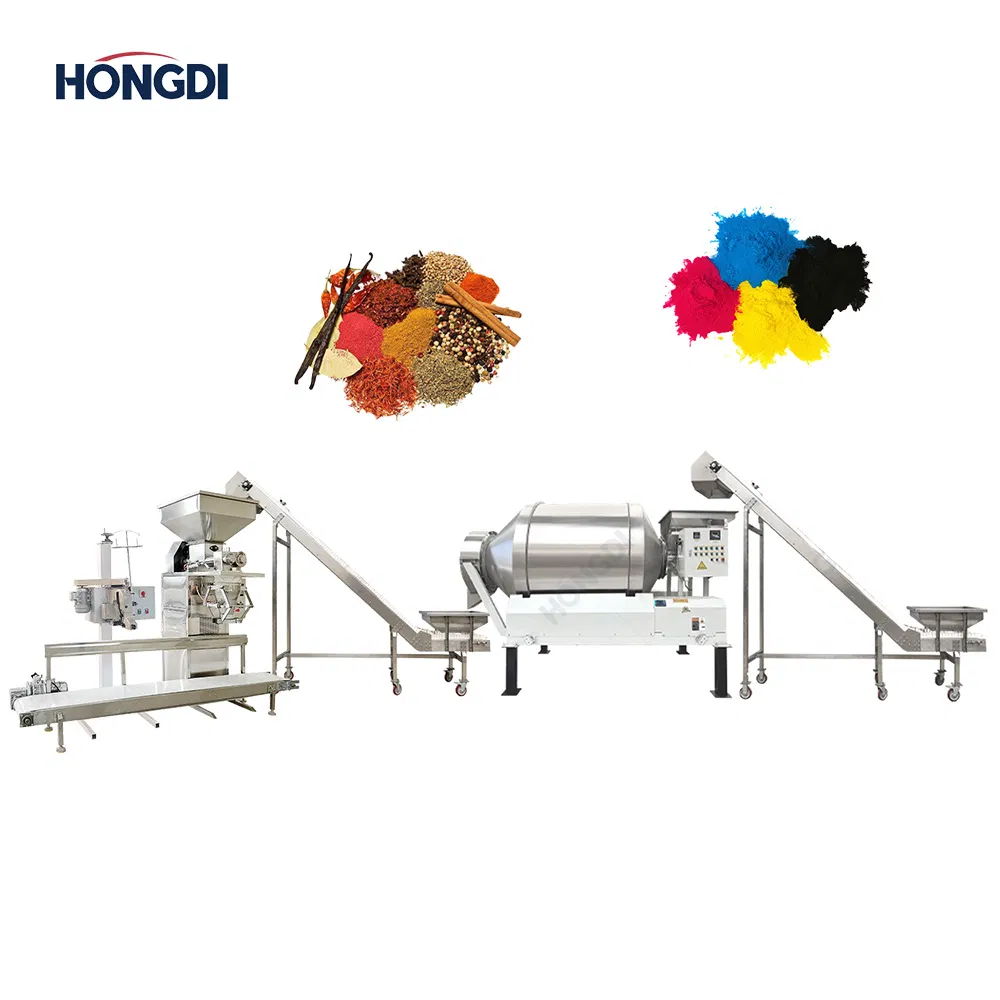 Animal Feed Mixing and Packaging System with Conveyor and Drum Mixer