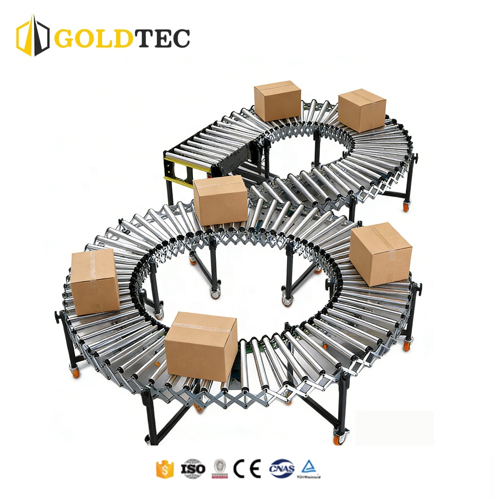 Goldtec Fully Adjustable Carton Box Unloading Conveyor Belt E-commerce Logistics Express Sorting Flexible Roller Conveyor