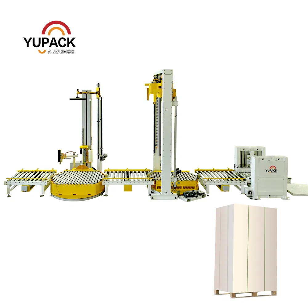 Integrated Pallet Strapping Machine and Inline Stretch Wrapper System with Powered Roller Conveyors, Pallet Dispenser and Automatic Material Sorting