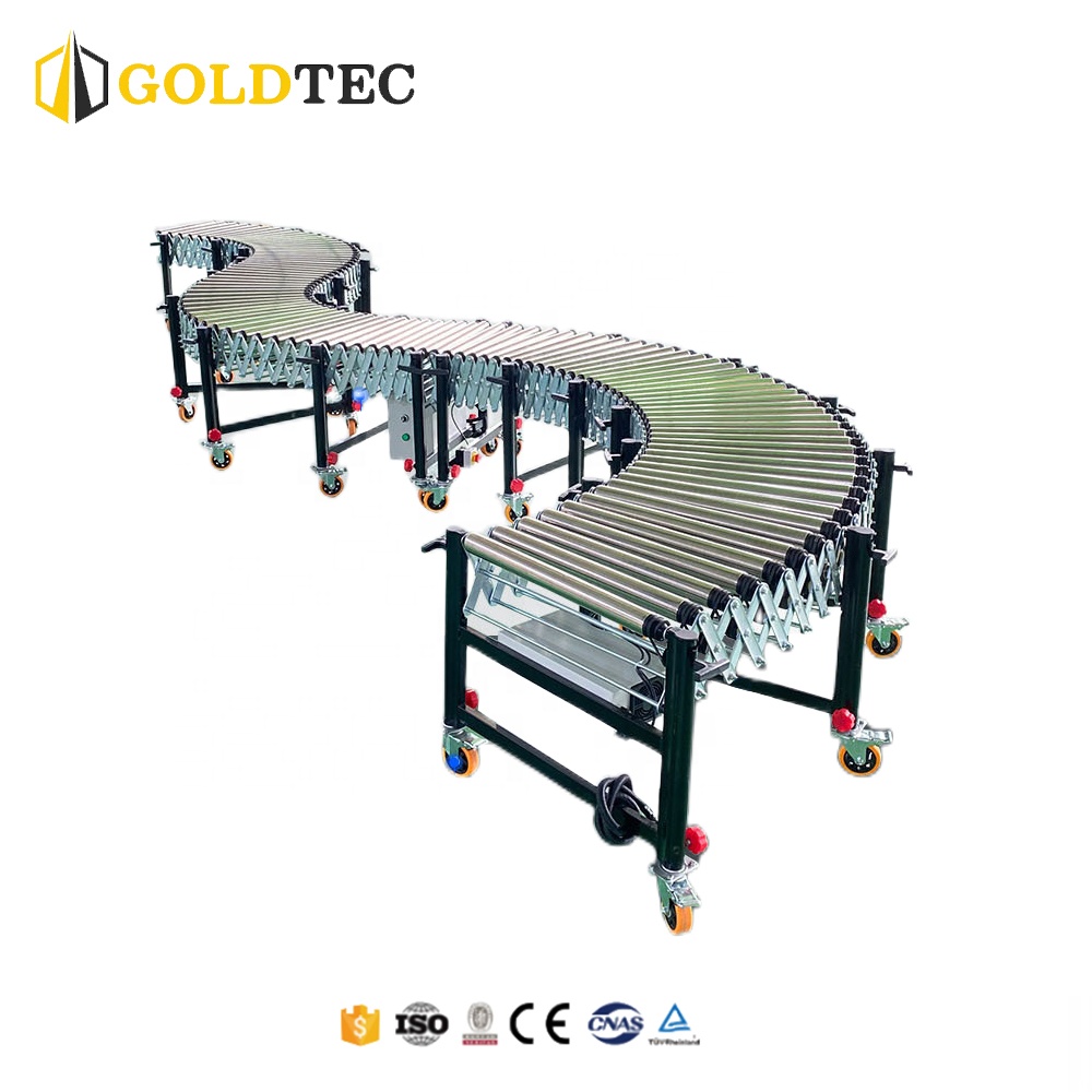 Goldtec Fully Adjustable Carton Box Unloading Conveyor Belt E-commerce Logistics Express Sorting Flexible Roller Conveyor