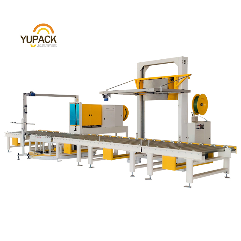 Vertical and Horizontal Cross Pallet Strapping System with Conveyor and Motorized Turntable