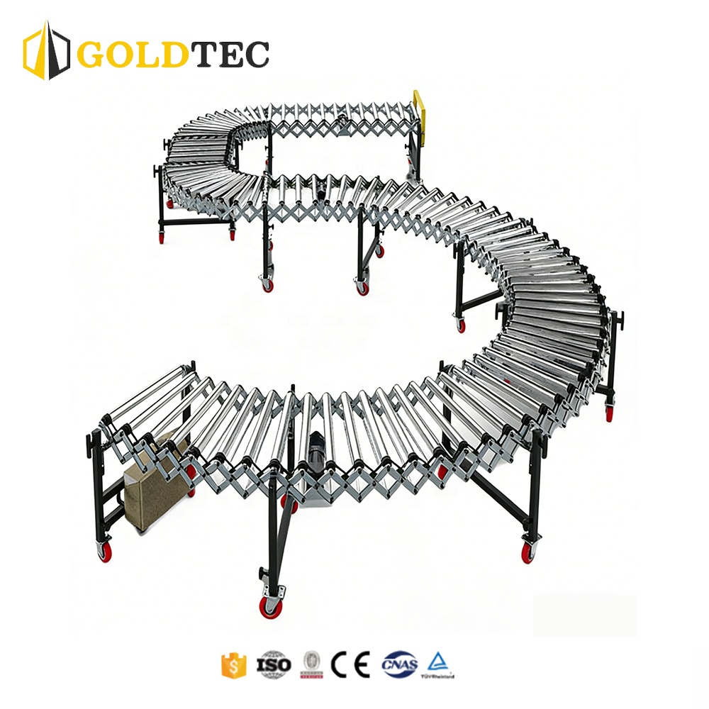 Goldtec Fully Adjustable Carton Box Unloading Conveyor Belt E-commerce Logistics Express Sorting Flexible Roller Conveyor