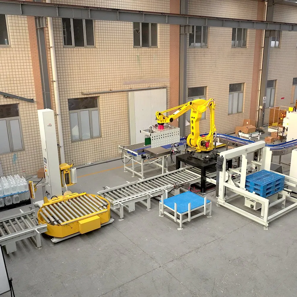 Integrated Robotic Palletizing and Stretch Wrapping System with Pallet Dispenser, Automatic Material Arranging and Conveyor Line for Food and Beverage Plants