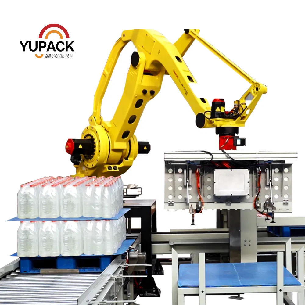 Integrated Robotic Palletizing and Stretch Wrapping System with Pallet Dispenser, Automatic Material Arranging and Conveyor Line for Food and Beverage Plants