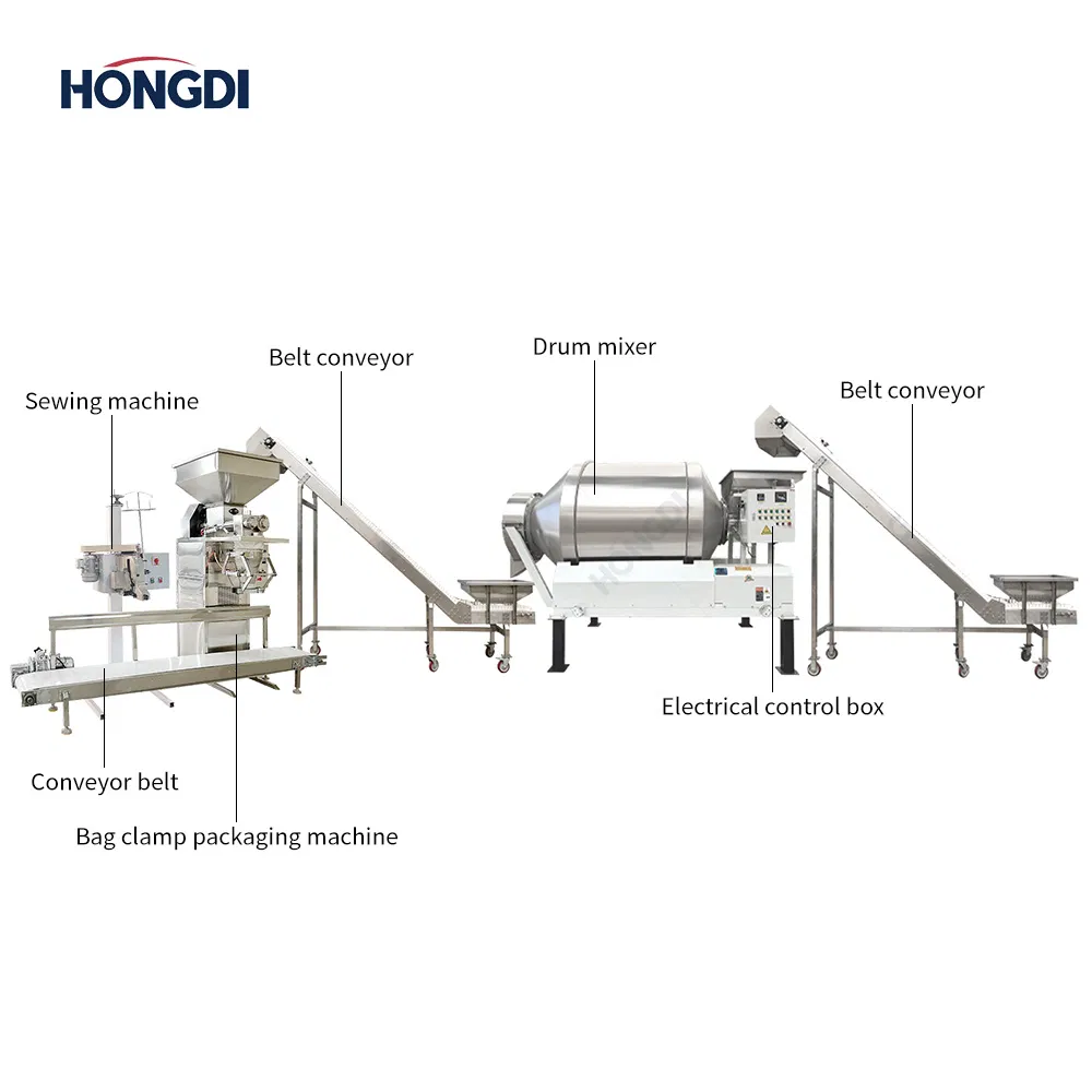 Animal Feed Mixing and Packaging System with Conveyor and Drum Mixer