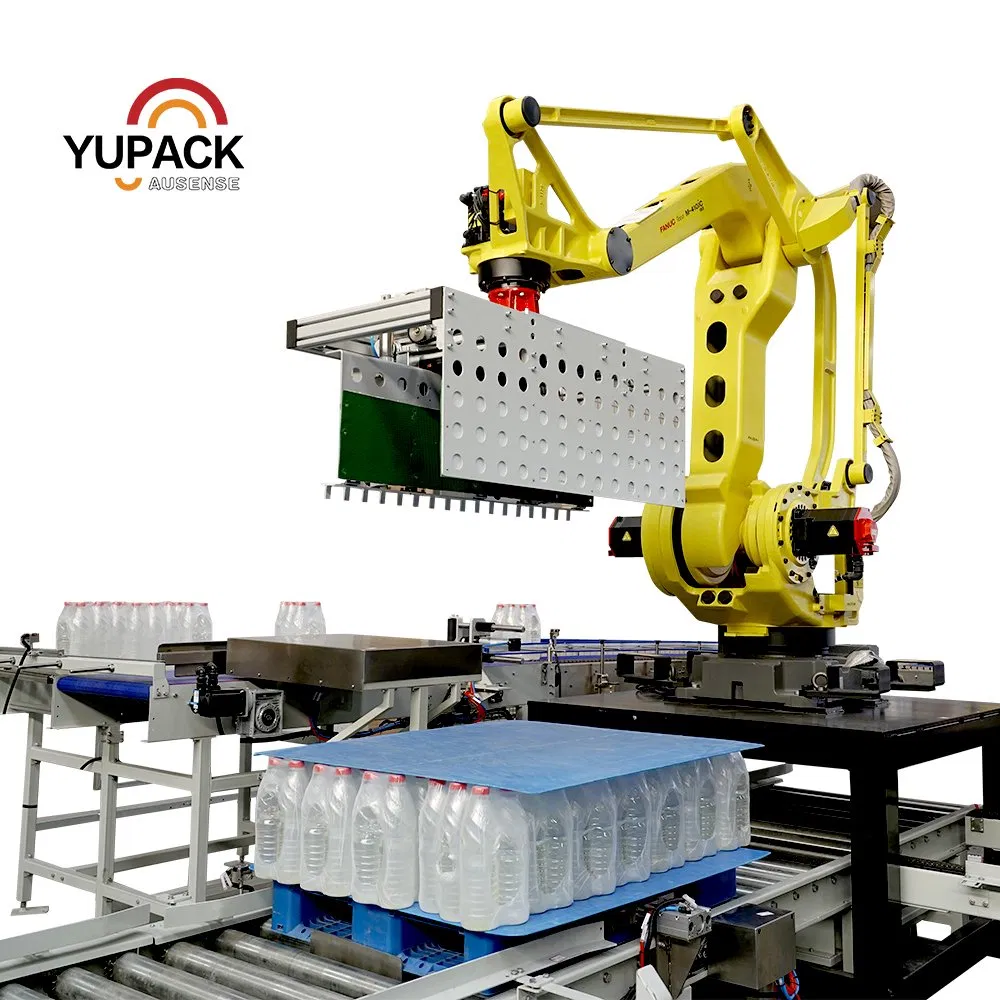 Integrated Robotic Palletizing and Stretch Wrapping System with Pallet Dispenser, Automatic Material Arranging and Conveyor Line for Food and Beverage Plants