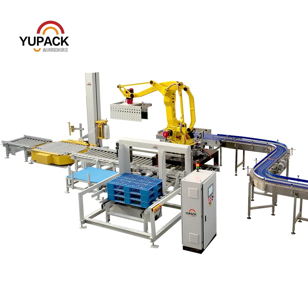 Integrated Robotic Palletizing and Stretch Wrapping System with Pallet Dispenser, Automatic Material Arranging and Conveyor Line for Food and Beverage Plants
