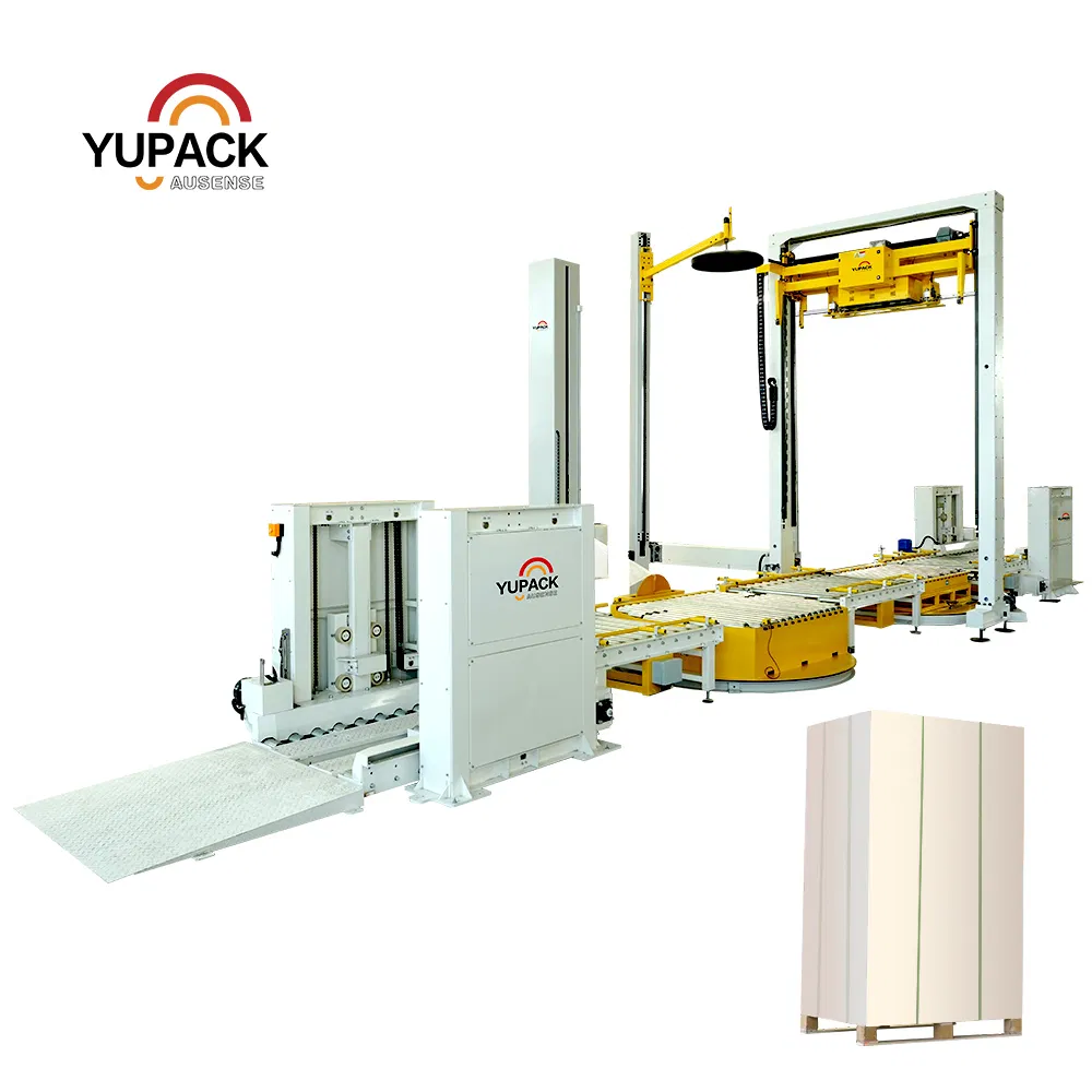 Inline Pallet Strapping System with Online Pallet Wrapping Line and Synchronized Powered Roller Conveyors for Smooth Automated Pallet Operations