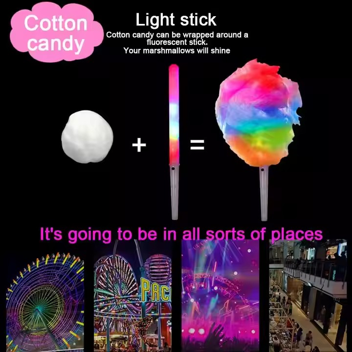 Colorful LED Glow Sticks Cotton Candy Cones Reusable Glowing Marshmallows Sticks LED Glowing Cheer Tube Dark Light Kids Toy for Party Supplies