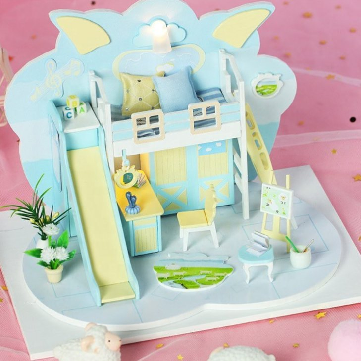 3D DIY Blue Wooden Educational Toys Outdoor Miniature Doll House