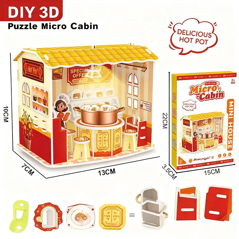 Wholesale DIY Educational 3D Miniature Puzzle Role-Play Hot Pot Restaurant with LED Light Steam Toy