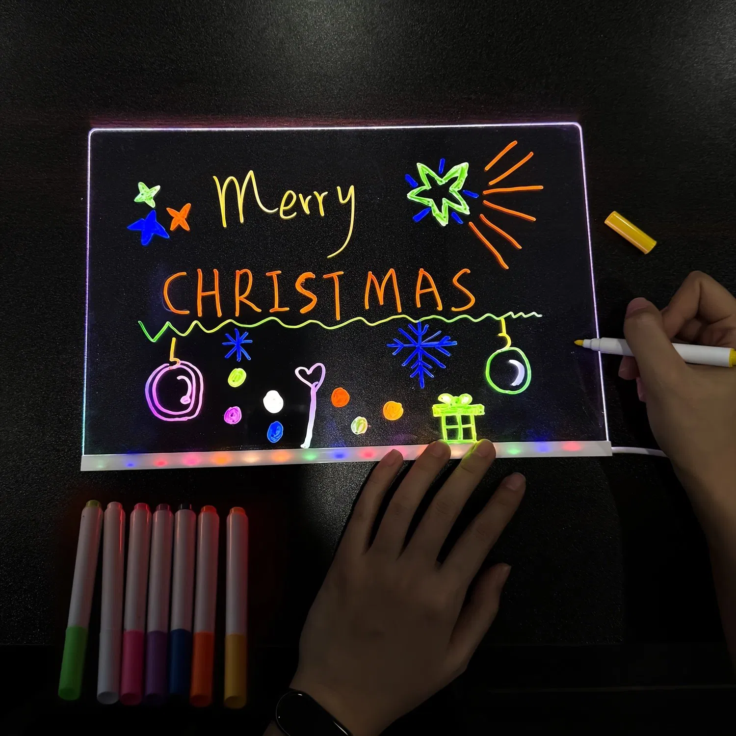 LED Message Board with 7 Color Pens Acrylic Glow-in-The-Dark Drawing Board LED Illuminated Drawing Tablet with Stand for Office Home Christmas Day Gift New Year