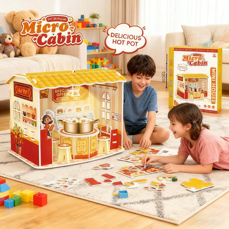 Wholesale DIY Educational 3D Miniature Puzzle Role-Play Hot Pot Restaurant with LED Light Steam Toy