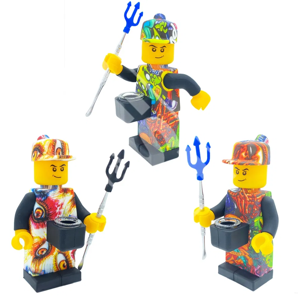 Bestdistro New Design Wholesale Silicone Graffiti Style Lego Minifigures Design Glass Silicone DAB Rig Pipe Smoking Water Pipe Smoking Accessories