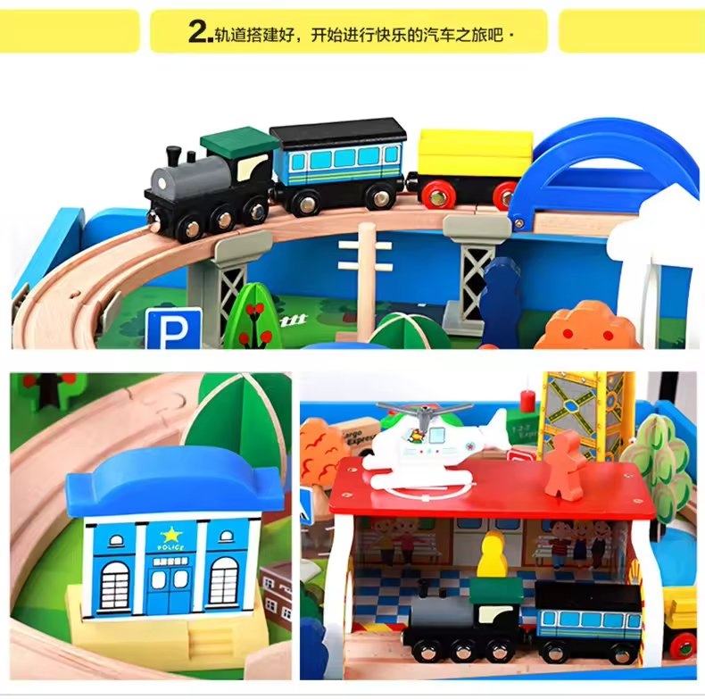 Factory Sustainable Eco-Friendly Wooden 83 PCS Wooden Train Tracks Toy Railway Table Toy for Kids