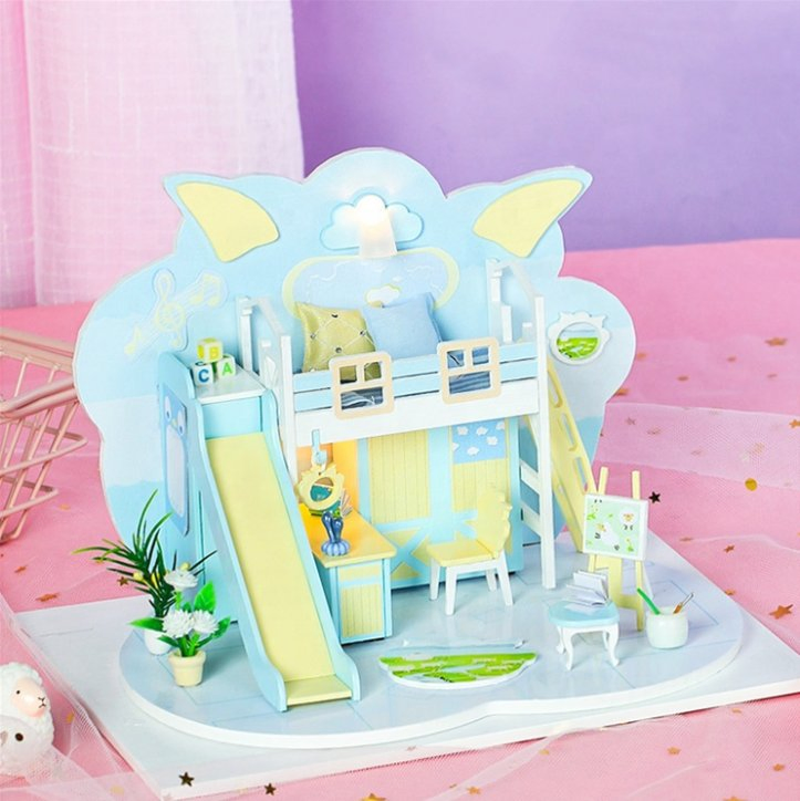 3D DIY Blue Wooden Educational Toys Outdoor Miniature Doll House